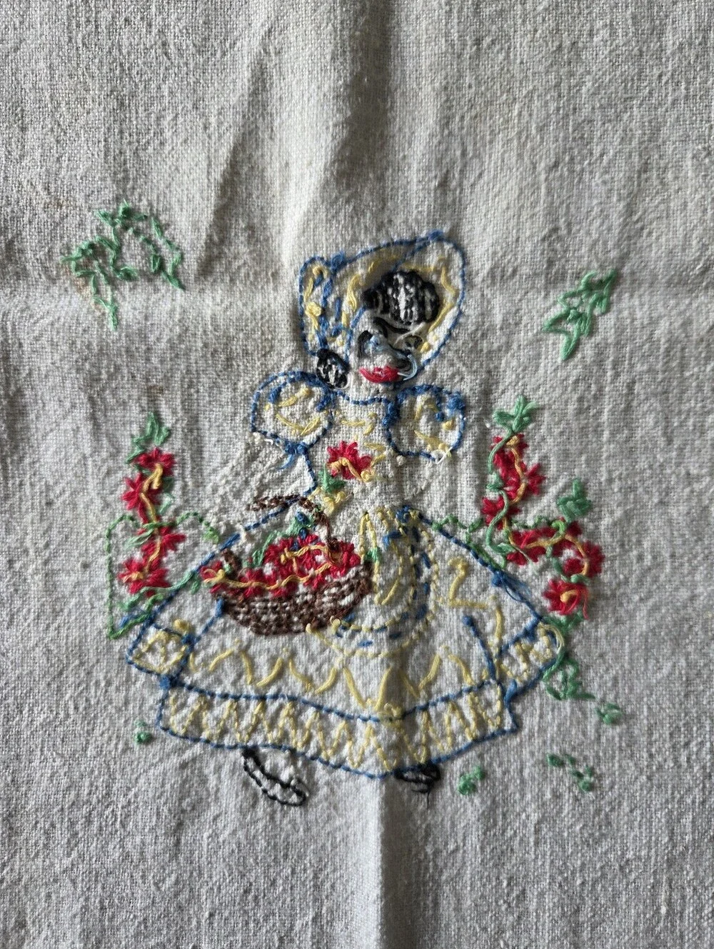 Vintage 1940s 1950s Hand Embroidered Dutch Girl Blue Stripe Linen Tea Towel
